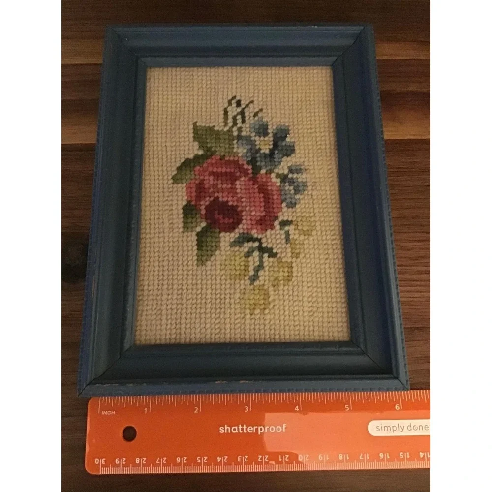 Vintage Needlepoint Floral Wall Art Pink Rose Blue Wood Frame Cottagecore 8x6